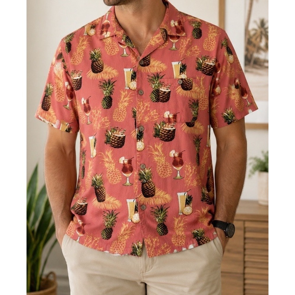 Joe Marlin Hawaiian Mens L Button Down Shirt Comfort Fit Pocket Short Sleeve